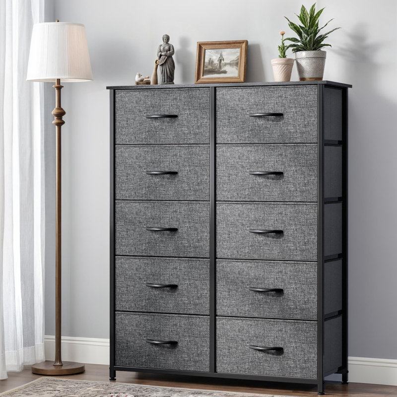 Commode 10 tiroirs en tissu, grande tour de rangement avec plateau en bois pour la chambre à coucher, le placard et les petits espaces