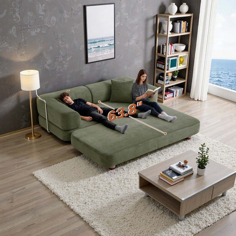 Canapé-lit modulaire en velours côtelé reconfigurable 5-en-1, Vert