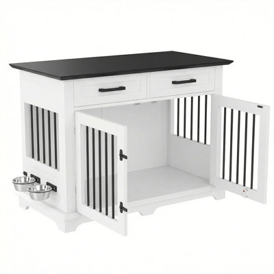44.48" Large Dog Crate Furniture, Indoor Wooden Dog Kennel End Table with 2 Storage Drawers and Rotating Bowls, Decorative Pet Cage Dog House for Medium Dogs