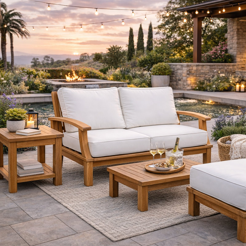 Galvan 56.94'' Wide L-Shaped Teak Patio Sofa with Cushions, White