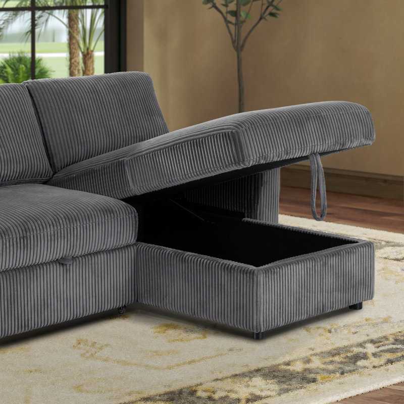 Haven Corduroy 2pc Reversible Sleeper Sectional With Storage Chaise, Charcoal, Gray Polyester