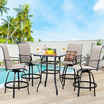 5 Pieces Outdoor Swivel Bar Set, All Weather Textile Fabric Patio High Bar Stool Bistro Set With 4 Height Back Bar Chairs And Glass Table For Home, Backyard, Garden, Lawn, Porch