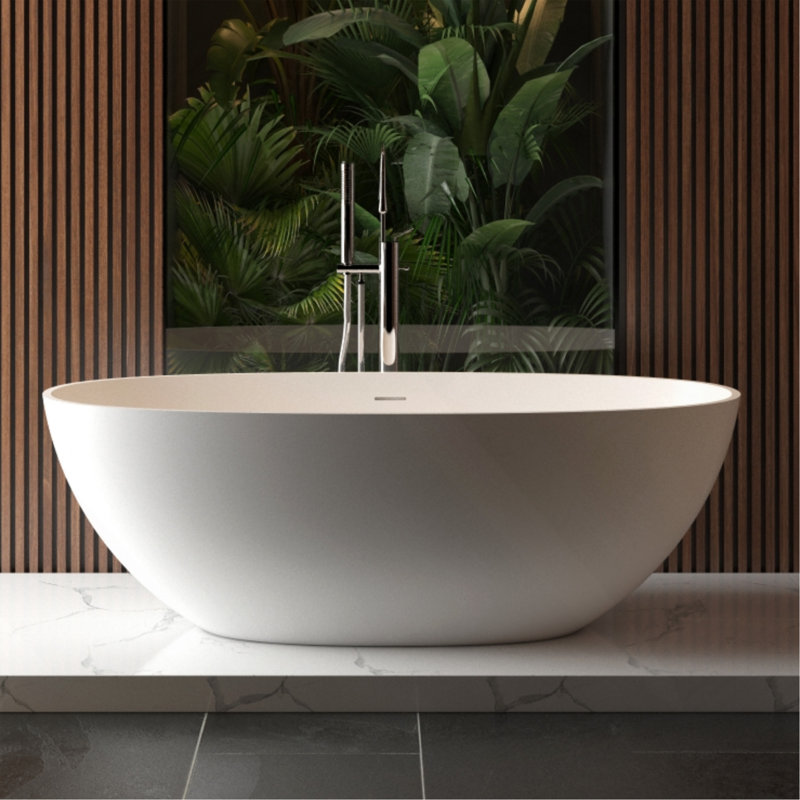 65" Freestanding Solid Surface Bathtub, Luxury Handcrafted Stone Resin Freestanding Soaking Bathtub With Overflow And Pop-Up Drain, Matte White
