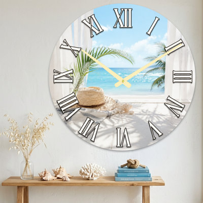 Landscape & Nature Tropical Beach Scene With Palm Trees And Hat Ultra Clear Glass Wall Clock