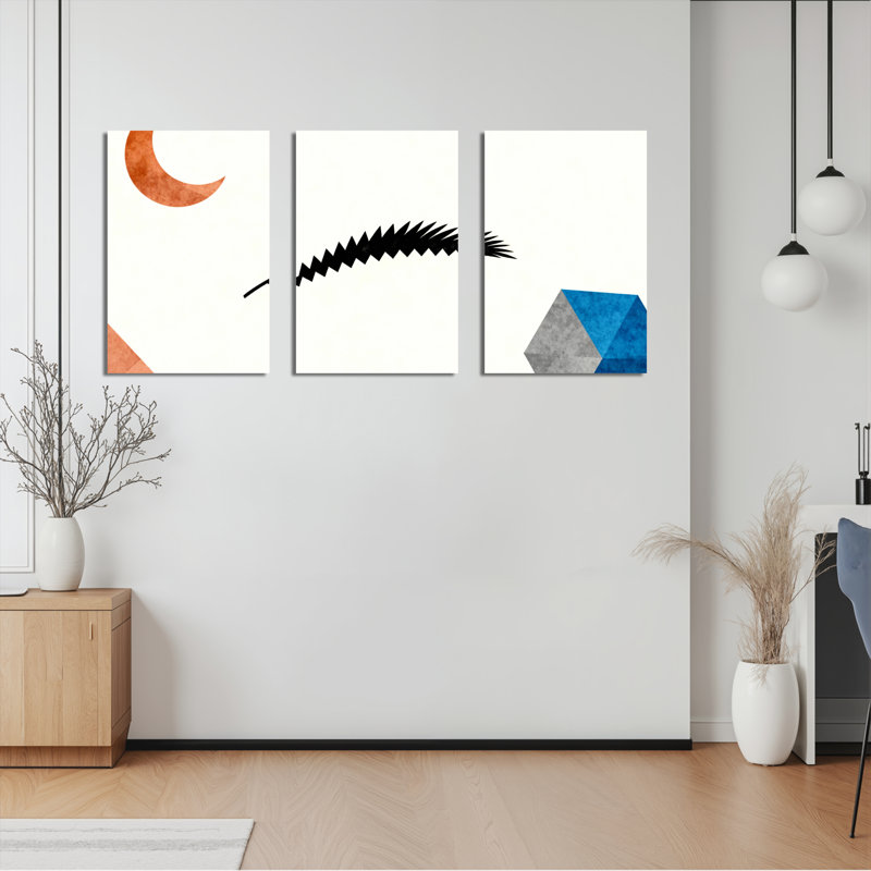 Abstrait, croissant de lune et plume, art mural sur toile, impression moderne minimaliste (ensemble de 3), H 18 po x l 36 po