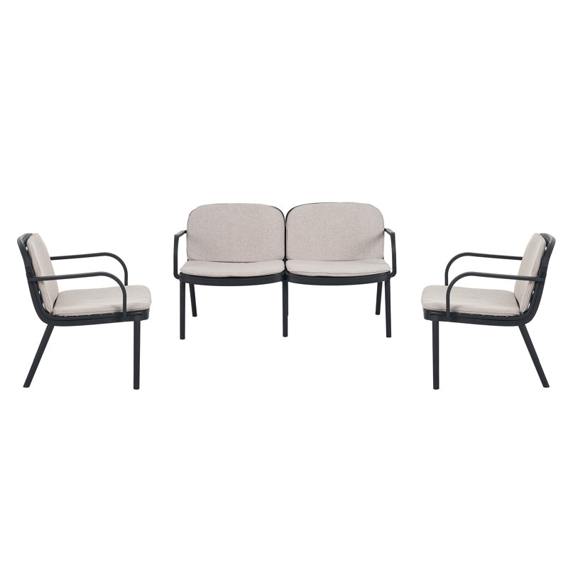 Outdoor Patio PP 3PCS CHAT SET, Frame With Cushion, (2Pcs Club Chairs And 1Pcs Loveseat), Beige, Black