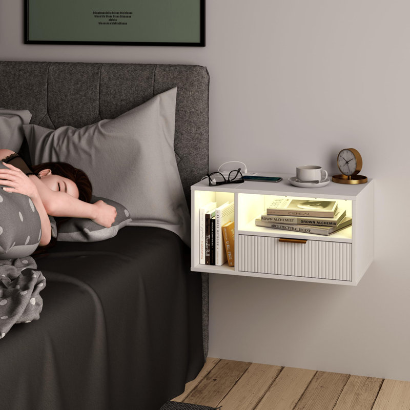 Floating Nightstand With Charging Station And LED Light,, White