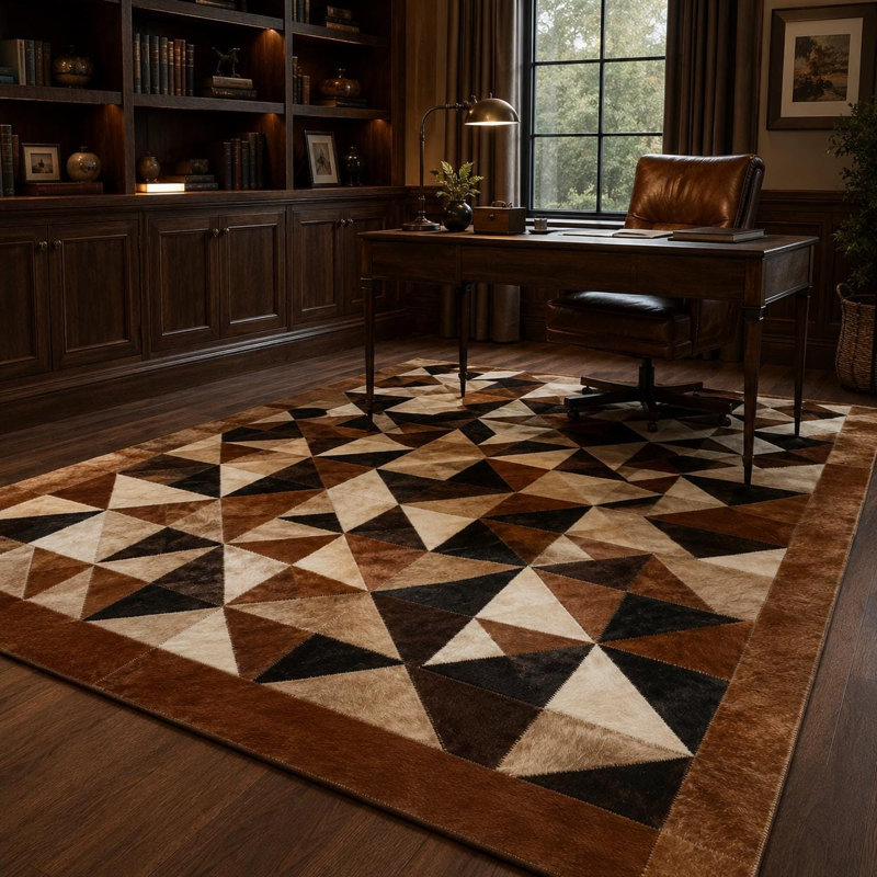 Tapis géométrique en cuir de vache à motif géométrique et cuir ivoire brun, 9 x 12 pi