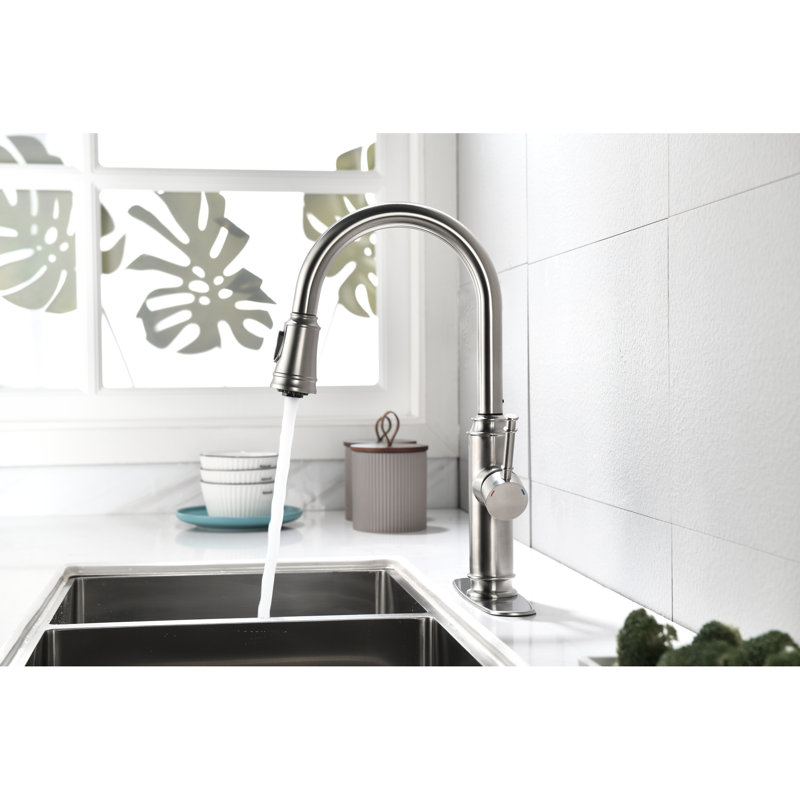 Robinet de cuisine en nickel brossé avec buse rotative à 360 °, deux options de sortie escamotables en acier inoxydable, aérateur Splash