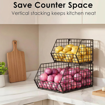 2-tier Stackable Fruit Basket For Counter, Potato And Onion Storage Bin - Vegetable Basket For Kitchen, Wire Basket For Pantry Organizers- Metal Baskets For Snack Produce Can