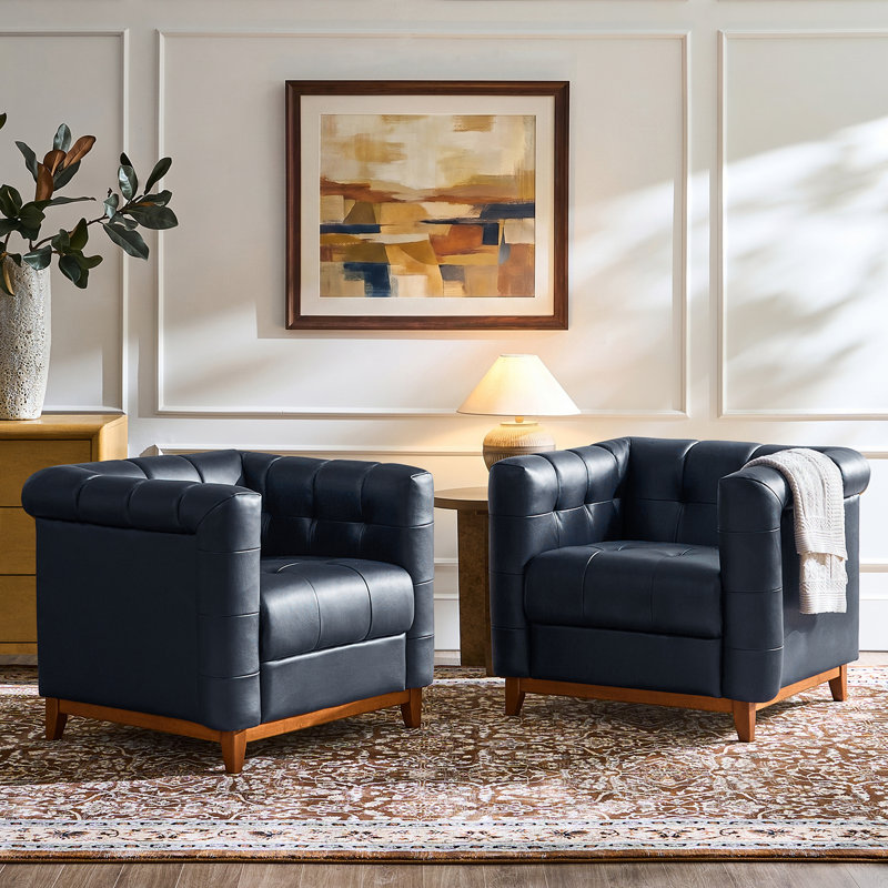 Fauteuil demi-tonneau carré en cuir véritable transitionnel 35,25 po Sonika de Sonika, Navy