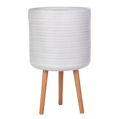 Concrete Effect Cylinder Round Planter on Hardwood Legs, Round Indoor Plant Pot Stand for Indoor Plants, Indoor Flower Pot with Plaited Pattern