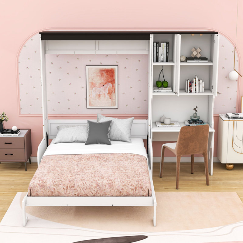 Lit escamotable en bois avec canapé intégré, bureau et armoire, Full