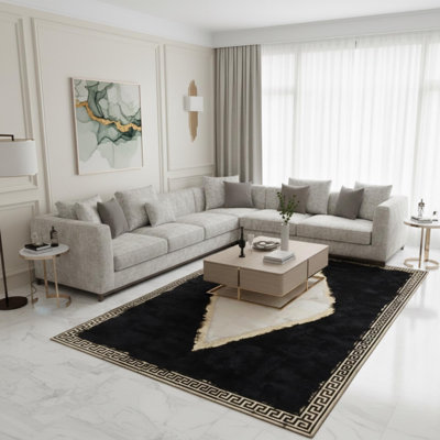Tapis blanc, noir et doré, fourrure toscane à bordure géométrique,