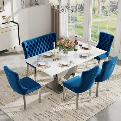 Table de salle à manger rectangulaire en verre trempé avec banc capitonné, table de salle à manger de luxe avec chaise capitonnée en velours pour salle à manger