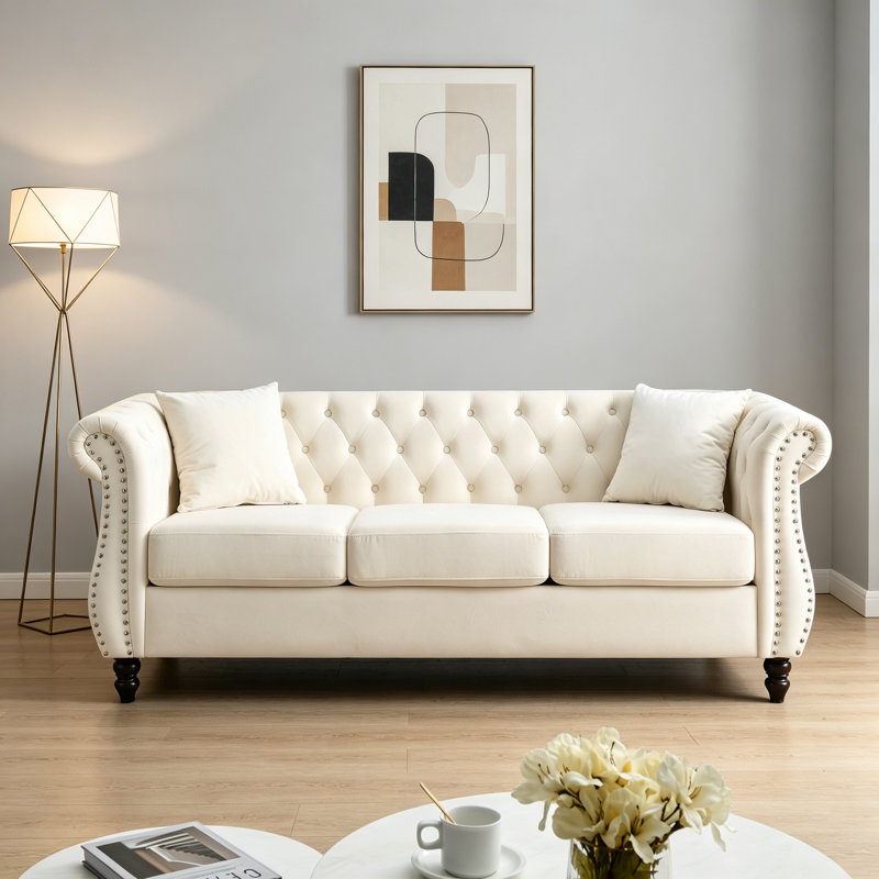 Canapé moderne en velours Chesterfield, H 30,05 po x l 80,05 po x P 29,05 po, Beige