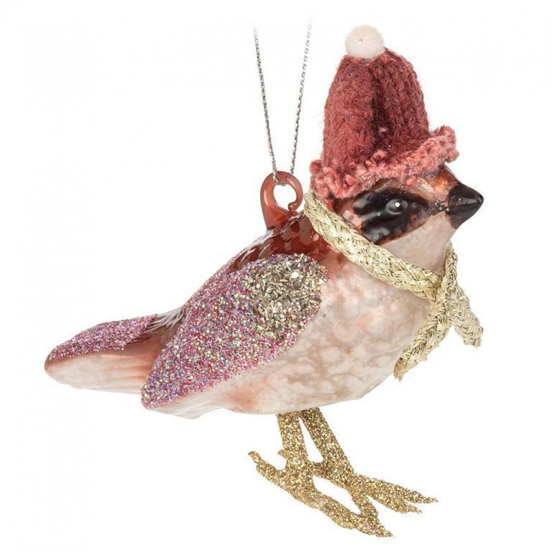 Ornement oiseau d'hiver avec chapeau et écharpe
