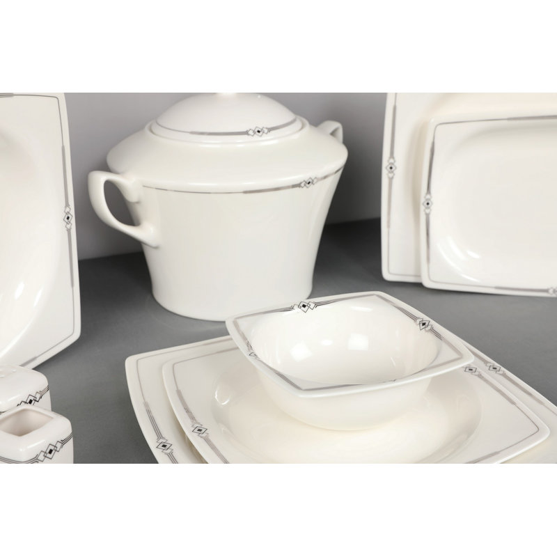Corriveau Piece Porcelain China Dinnerware Set - Service for 12, White/Black