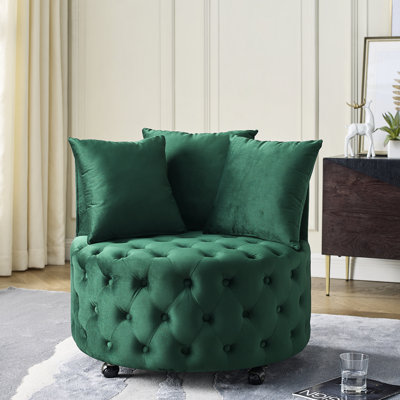 Fauteuil de salon en velours pivotant, avec bouton, 3 coussins, mobile et équipé de roulettes pour un confort optimal.