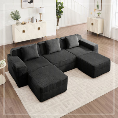 Canapé modulaire à 3 places en forme de U sans os, canapé modulaire Cloud avec assise profonde, canapé modulaire moderne à 3 places avec coussins décoratifs et 2 repose-pieds mobiles