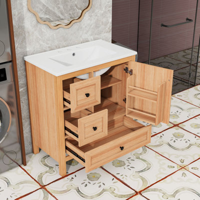 Meuble-lavabo autoportant Farmhouse avec lavabo en céramique, rangement à fermeture en douceur et tablette réglable