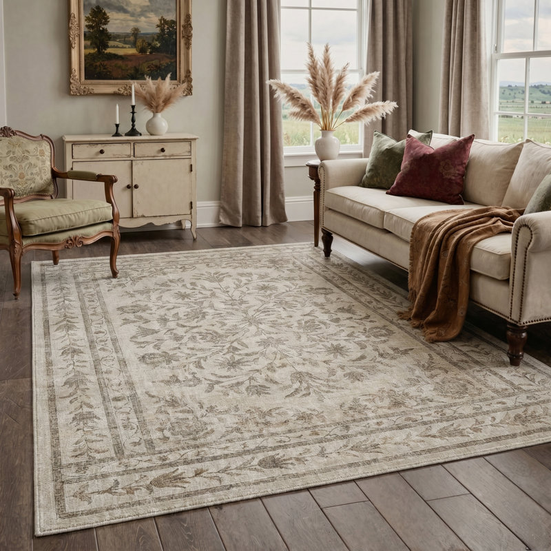 Tapis beige vintage à motif floral vieilli, lavable à la machine, antidérapant, idéal pour le salon ou la chambre.
