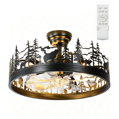 Ventilateur de plafond de 55 cm (21,65 pouces) avec motif de silhouette d'ours des forêts, éclairage, télécommande et moteur réversible.