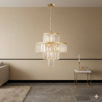 A 20-Inch Modern Crystal Chandelier With A Gold Finish, Featuring A Four-Tier Design For Dining Rooms Or Living Rooms. This Elegant Crystal Pendant Light Fixture Does Not Include A Bulb.