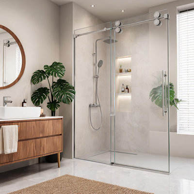 Porte de douche coulissante simple sans cadre chromé, de 112 à 122 cm de largeur x 193 cm de hauteur, avec verre trempé transparent de 8 mm et système de douche à ouverture latérale.