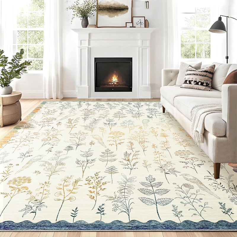 Washable Floral Rug, Non-Slip, Low-Pile, Scalloped Pattern for Kitchen, Hallway, Laundry, Bathroom, Rectangle 8' x 10'