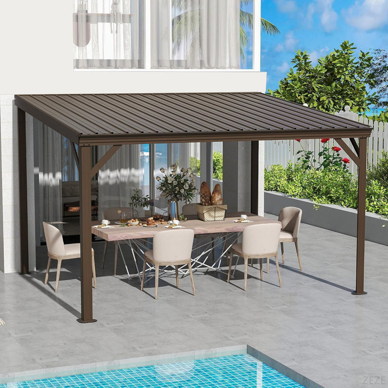 10X12ft Lean To Gazebo, Outdoor Hardtop Wall Mounted Gazebo With Sloping Galvanized Steel Roof, Upgraded Heavy Duty Mounted Shelter With Drainage System For Deck, Porch, Backyard