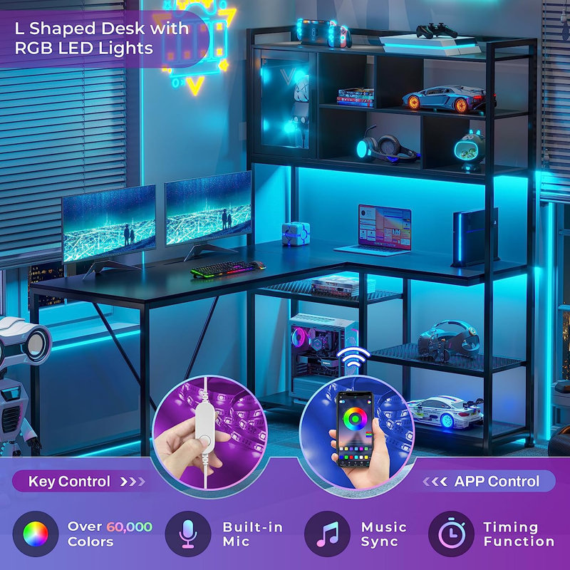 Rustic Brown and Black L-Shaped Computer Desk with Shelves and LED Lighting