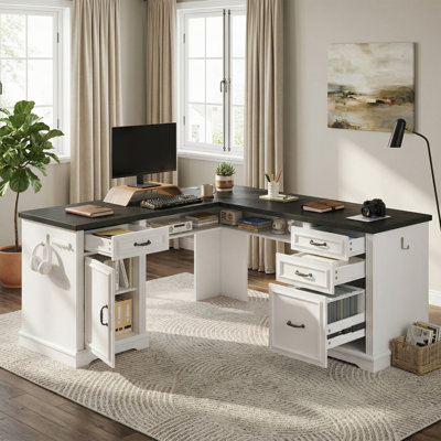Farmhouse L Shaped Executive Desk with 4 Drawers, Charging Station & File Cabinet, Corner Computer Desk with Under Desk Shelf and Headphone Hook