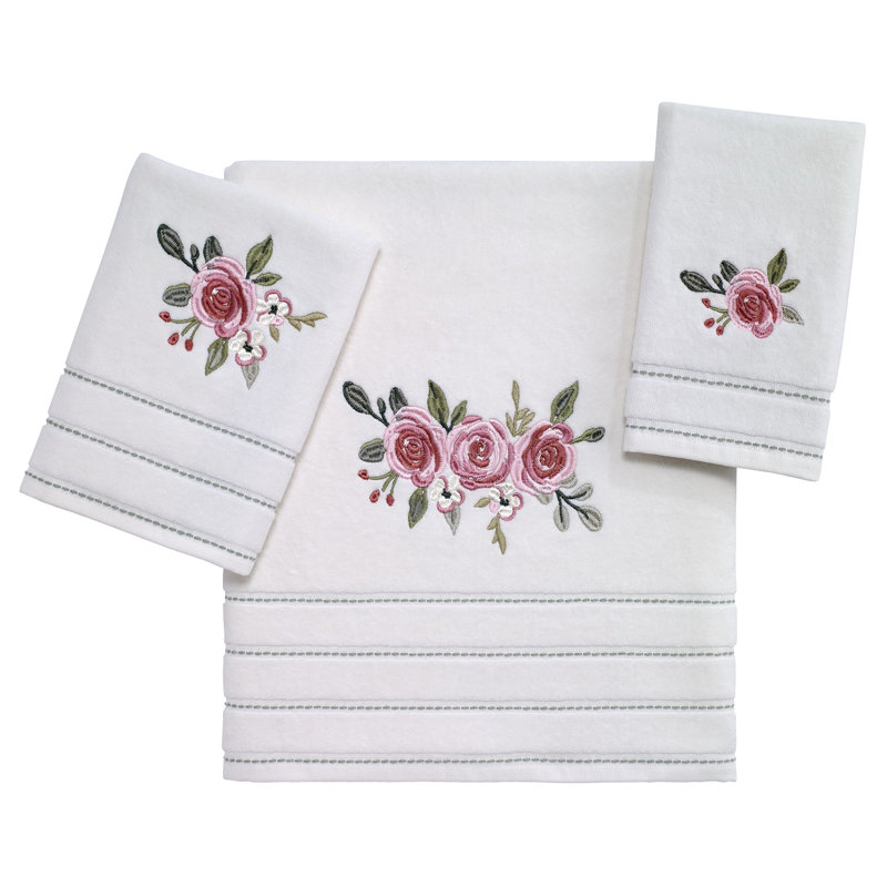 Ivory Cotton Bath Towel Set with Embroidered Peonies