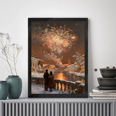 Art encadré noir, feux d'artifice du Nouvel An, peinture à l'huile rétro sur cadre enneigé