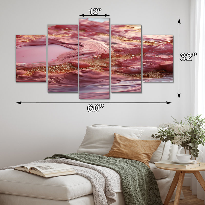 Harmonie or rose liquide - formes abstraites, impression sur toile - 5 panneaux