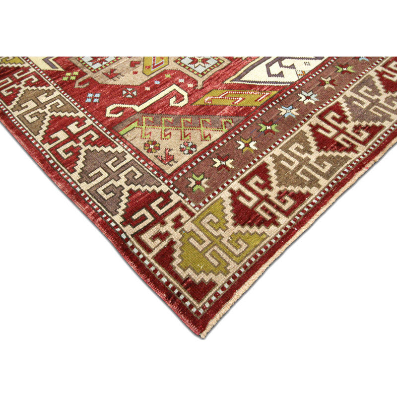 Tapis unique en laine noué à la main des années 1960 de 5 pi 2 po x 9 pi 7 po en rouge / brun / bleu / jaune