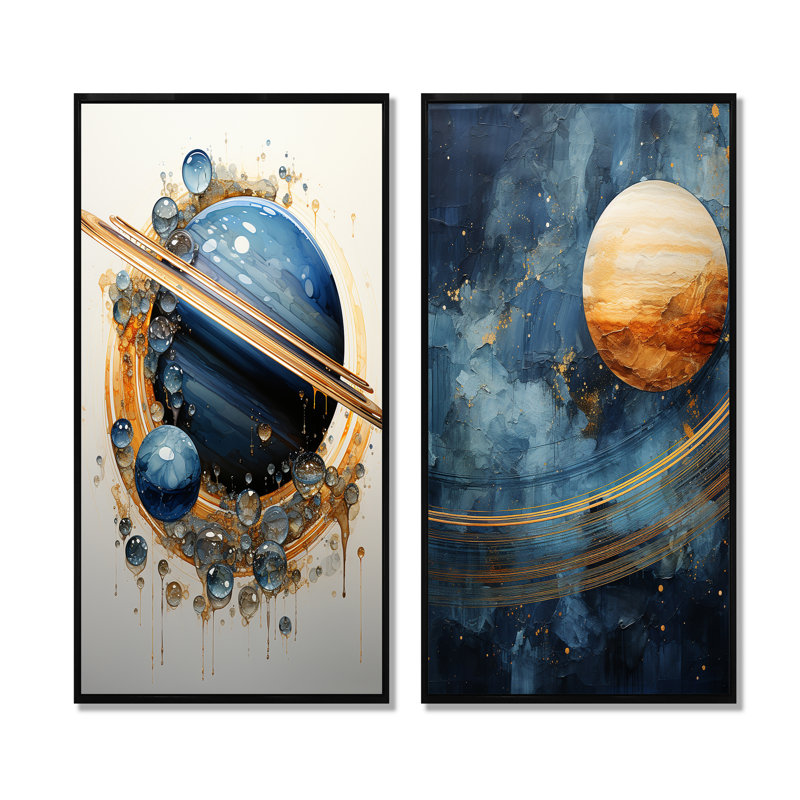 Sapphire Saturn Cosmic Wonder - ensemble de 2 décorations murales planètes, H 28 po x l 25 po, Cadre noir