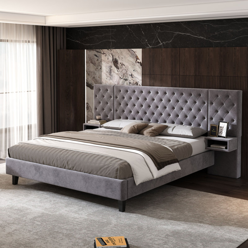 Grand lit plateforme avec tête de lit, lit plateforme tapissier moderne en velours avec 2 tables de chevet, capitonné à motif de losanges, beige