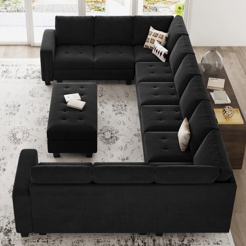 Shavera 155.8" W Velvet Upholstered 8-Person Sectional with Ottoman, Black Velvet
