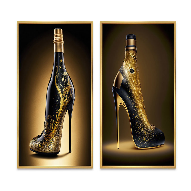 «Golden Champagne High Heel I», 2 pièces sur toile, H 40 po x l 40 po, Encadrement doré