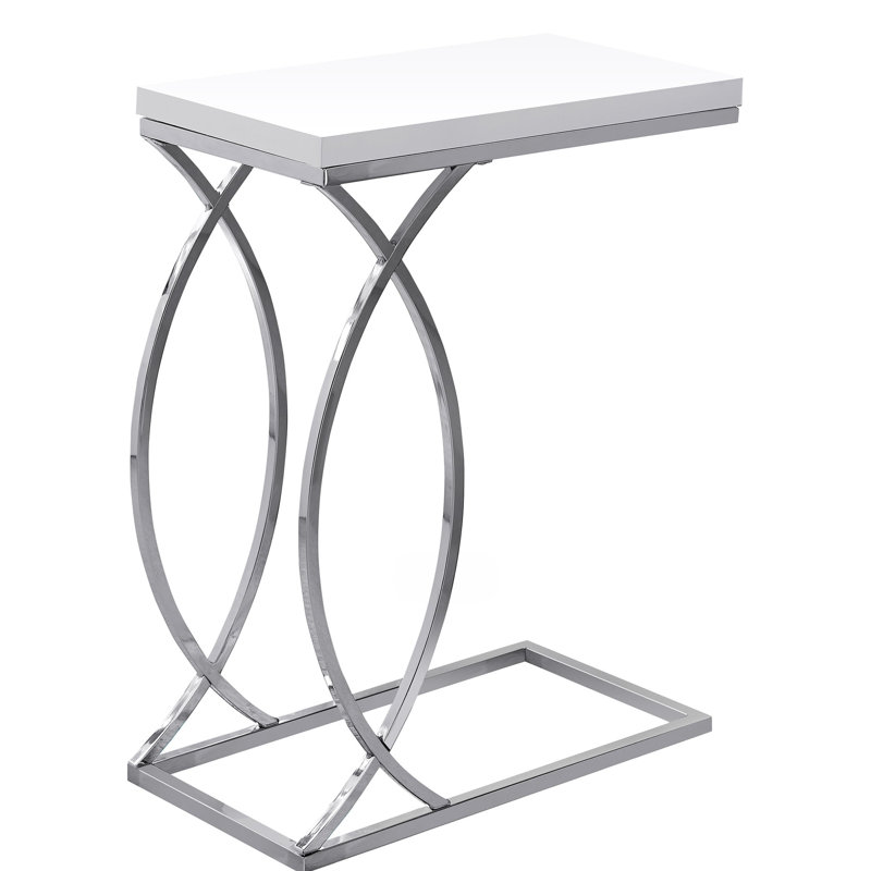 Table d'appoint en forme de C, Métal chromé, Blanc lustré