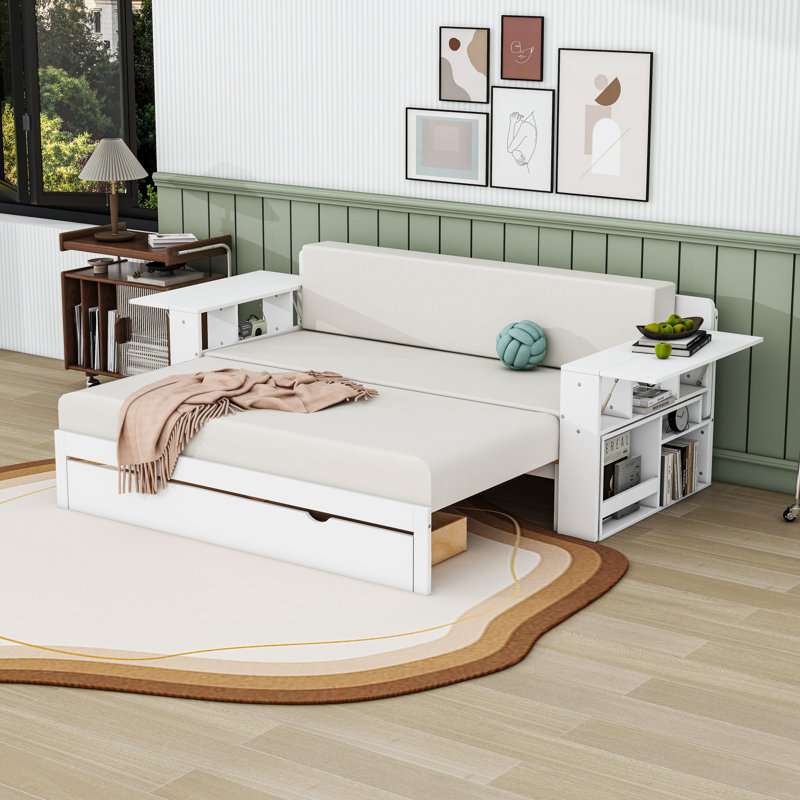Daybed with Desk, Drawers and Side Table, White, Queen