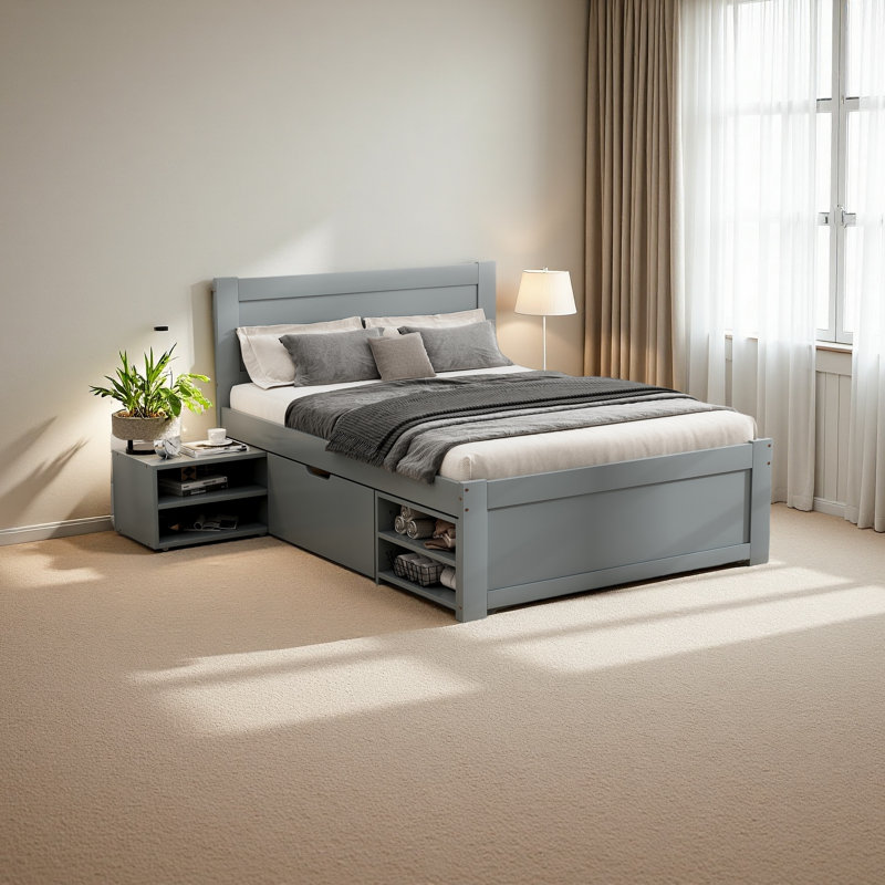 Lit plateforme simple avec tiroir et deux tablettes, Gris