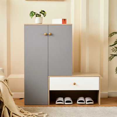 Étagère à chaussures multifonctionnelle avec banc, rangement spacieux pour le couloir - tablettes réglables, design moderne, banc blanc et gris et tablettes d'entrée spacieuses, construction