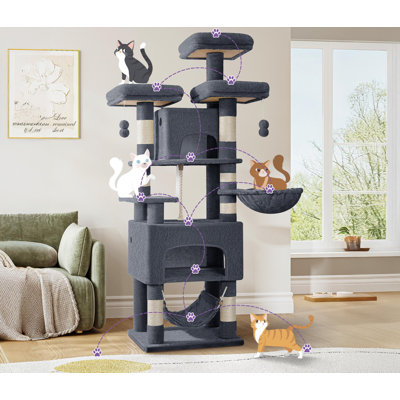 Cat Tree, 69.3'' Cat Trees, XL, 3 Platforms, 2 Caves, 7 Scratching Posts, Hammock, Plush Balls, Cat Tower for Multi-Cat Households, Grey