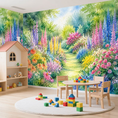 Peel and Stick Wallpaper 100" L x 144" W Modern Self Adhesive Wall Mural for Bedroom - With Wildflower Garden Watercolor Blooming Floral Sunlit Path Print