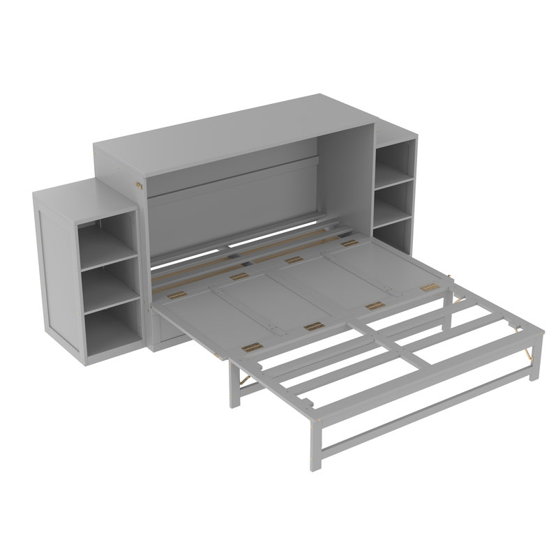 Lit escamotable avec tiroirs et tablettes de rangement spacieux, idéal pour les chambres d'amis ou les chambres compactes, gris clair