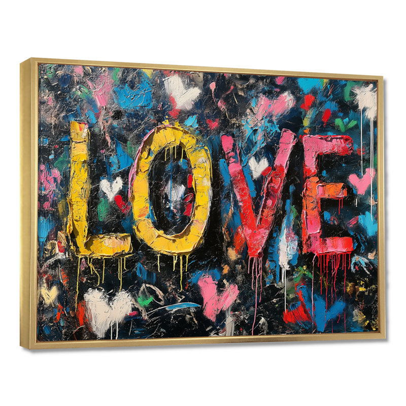 Love Pop Art Graffiti Artwork - Pop Art Wall Art Living Room, Toile avec cadre flottant or, H 34 po x l 44 po x P 1,5 po