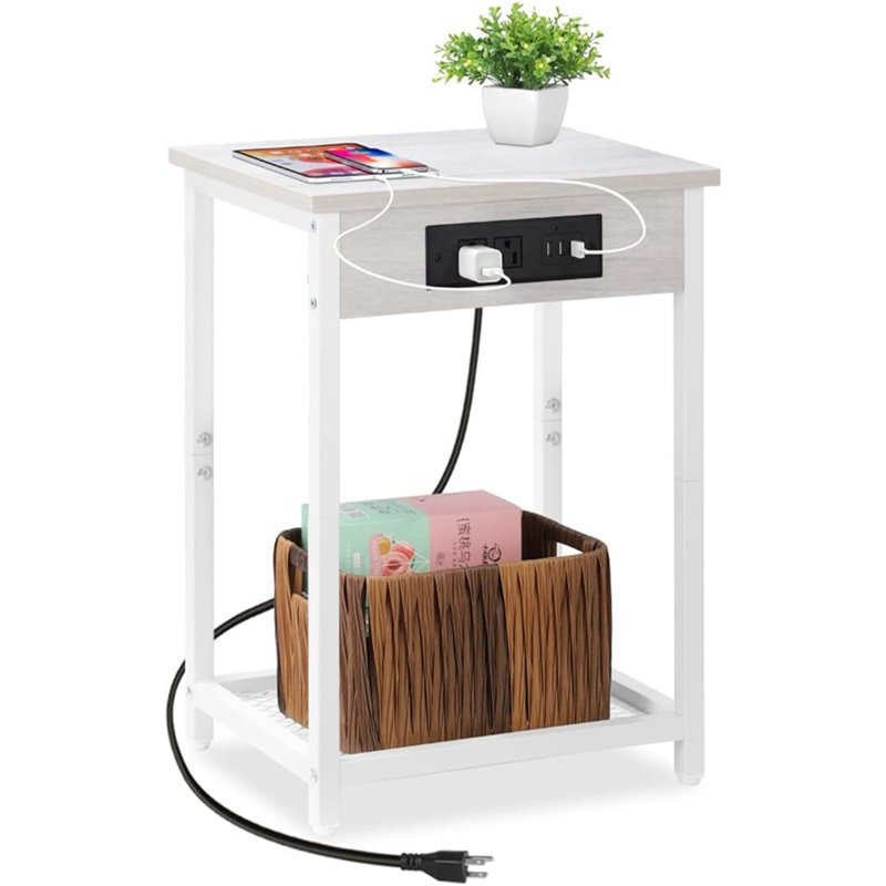 Wellfleet End Table and Built-In Outlets, White, White
